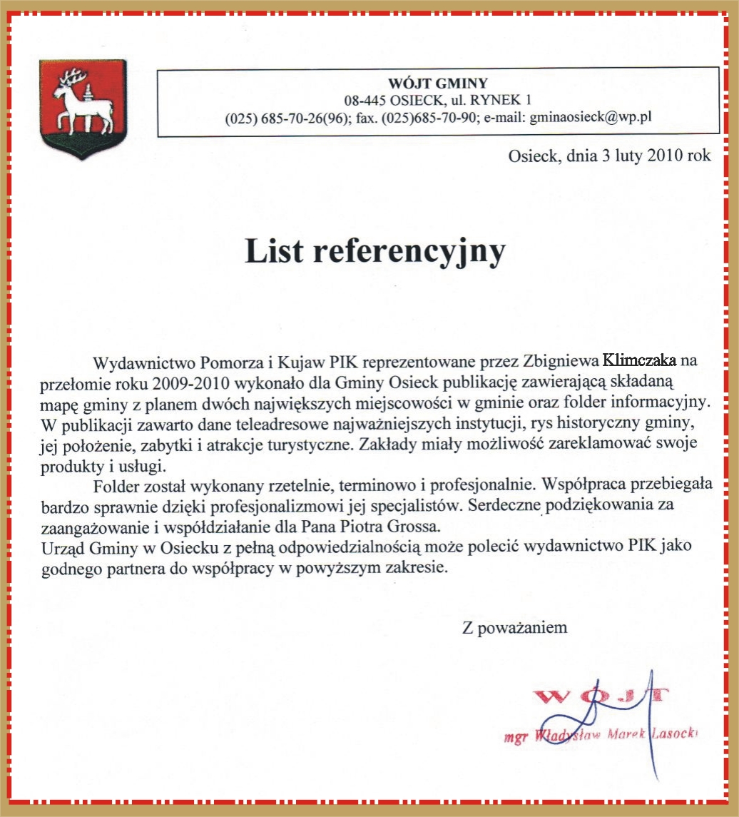 List referencyjny od wójta gminy Osieck